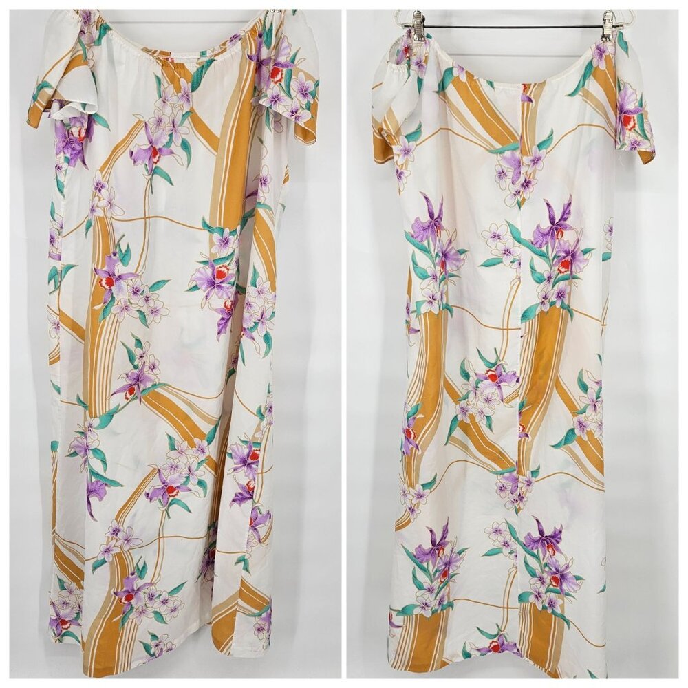 Hilo Hattie Hawaiian Dress Muu Muu Caftan Housedress Maxi XL Floral Off-Shoulder
